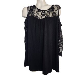 Kate & Mallory Black Lace Cold Shoulder Top XL‎ RSU1372 Long Sleeve Blouse